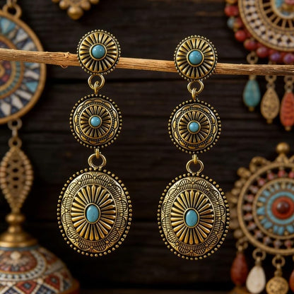 Boho Western Earrings for Women Western Feather Earrings Vintage Concho Turquoise Teardrop Dangle Earrings Country Concert Jewelry Accessories - style: Gold Turquoise Dangle