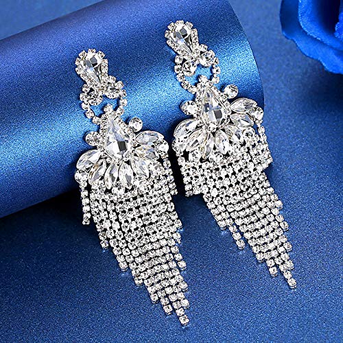 Silver Rhinestone Crystal Bridal Chandelier Long Tassels Dangle Earrings for Wedding - color: E-5
