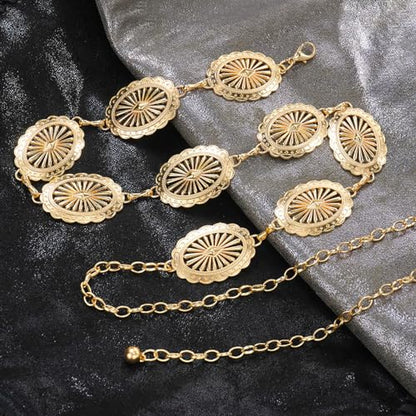 Women's Concho Chain Belt Western Cowgirl Metal Waist Chain | Belt for Dress - color: A Gold, size: M: 47.2 in