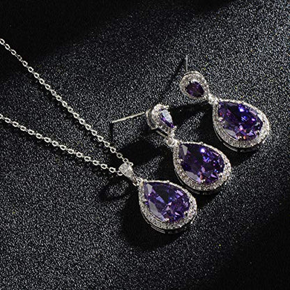 Bridal Jewelry Set for Wedding - 18k Plated Teardrop CZ Crystal Cubic Zirconia Rhinestone Necklace Earrings Set for Bride Bridesmaids Mother of Bride Party Prom Birthstone Costume Jewelry - color: Feb-Amethyst