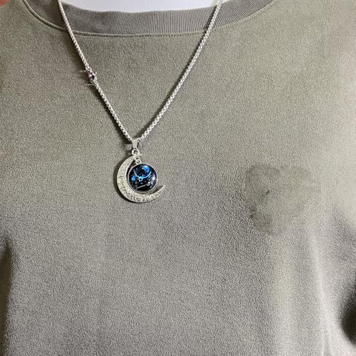 Stainless Steel Mens Necklace 12 Zodiac Moon Galaxy Pendant Necklace,22.8 Inch Stainless Steel Chain, 1.13 Inch Aries/Pisces Celestial Crescent Moon Star Sign Charm Jewelry - style: Pisces（2.19-3.20）