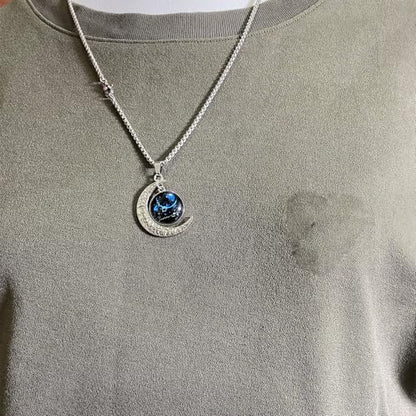 Stainless Steel Mens Necklace 12 Zodiac Moon Galaxy Pendant Necklace,22.8 Inch Stainless Steel Chain, 1.13 Inch Aries/Pisces Celestial Crescent Moon Star Sign Charm Jewelry - style: Pisces（2.19-3.20）