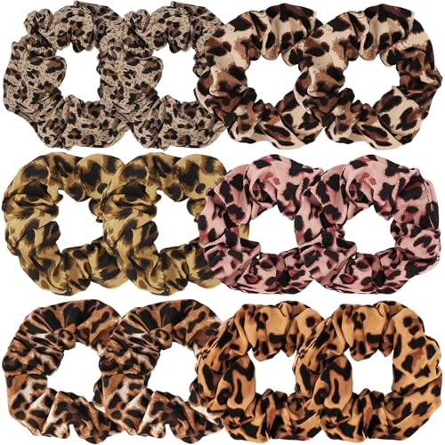 KICOSY 12 Pack Leopard Print Scrunchies Set - 6 Styles of Cheetah & Leopard Hair Ties for Daily Looks, Workouts, Party Outfits - color: leopard
