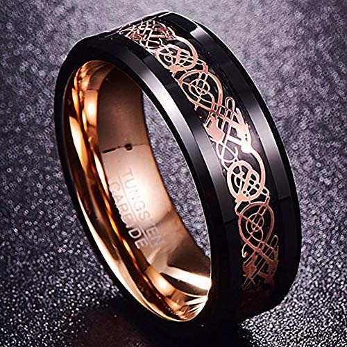 NUNCAD Men's Wedding Band 8mm Black Tungsten Carbide Ring Celtic Dragon Inlay Polished Finish Size 5-15 - color: B-Black & Rose Gold
