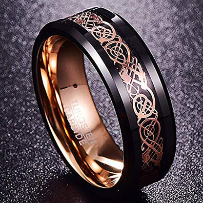 NUNCAD Men's Wedding Band 8mm Black Tungsten Carbide Ring Celtic Dragon Inlay Polished Finish Size 5-15 - color: B-Black & Rose Gold