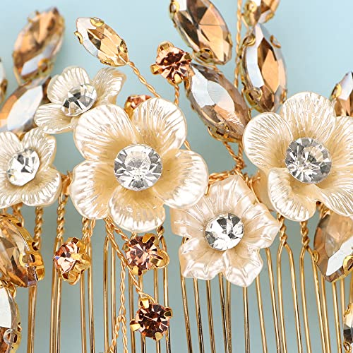 Bridal White Flower Champagne Gold Crystal Rhinestone Hair Comb for Bride Bridesmaid Sliding side Headpieces Wedding Hair Accessories for Women and Girls (Champagne gold) - color: Champagne gold