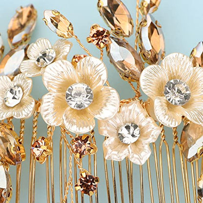 Bridal White Flower Champagne Gold Crystal Rhinestone Hair Comb for Bride Bridesmaid Sliding side Headpieces Wedding Hair Accessories for Women and Girls (Champagne gold) - color: Champagne gold