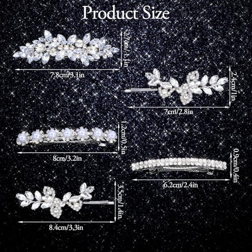 5 Pcs Hair Barrettes for Women, Rhinestone Hair Clips Silver Hairs Clips for Wedding Leaf Wedding Hairpin for Bride Women Brides Barrette Crystal Silver Flower Pearl Hairpins