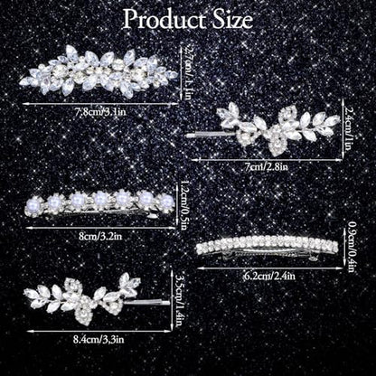 5 Pcs Hair Barrettes for Women, Rhinestone Hair Clips Silver Hairs Clips for Wedding Leaf Wedding Hairpin for Bride Women Brides Barrette Crystal Silver Flower Pearl Hairpins