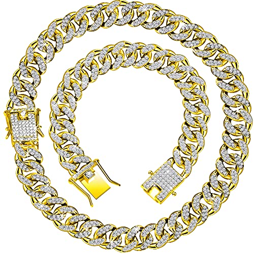 Hicarer 2 Pieces Cuban Link Chain for Men Women Cuban Necklace Bracelet Heavy Strong Link Chain Bling Unisex - color: Gold, size: 23.62 Inch, 7.87 Inch
