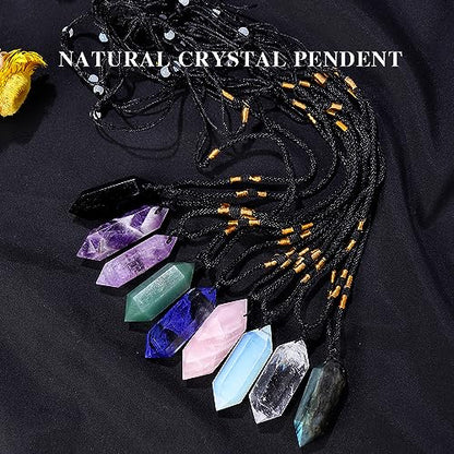 Runyangshi Black Obsidian Healing Crystal Pendants, Double Pointed Natural Crystal Quartz Necklace 6 Faceted Chakra Crystal Wand Stone - color: Black Obsidian