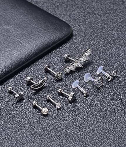 Tornito 9-30Pcs Cartilage CZ Stud Earrings Conch Forward Helix Tragus Daith Piercing Lip Rings Snake Heart Butterfly Jewelry for Women Men 16G Silver Gold Tone - color: C:Silver Tone(Snake)