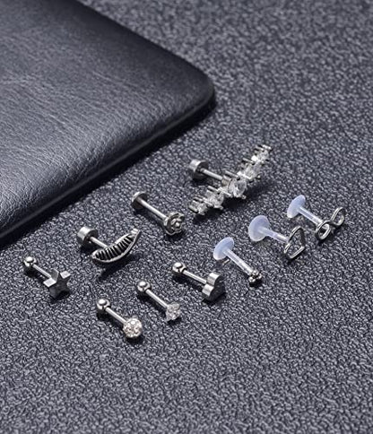 Tornito 9-30Pcs Cartilage CZ Stud Earrings Conch Forward Helix Tragus Daith Piercing Lip Rings Snake Heart Butterfly Jewelry for Women Men 16G Silver Gold Tone - color: C:Silver Tone(Snake)