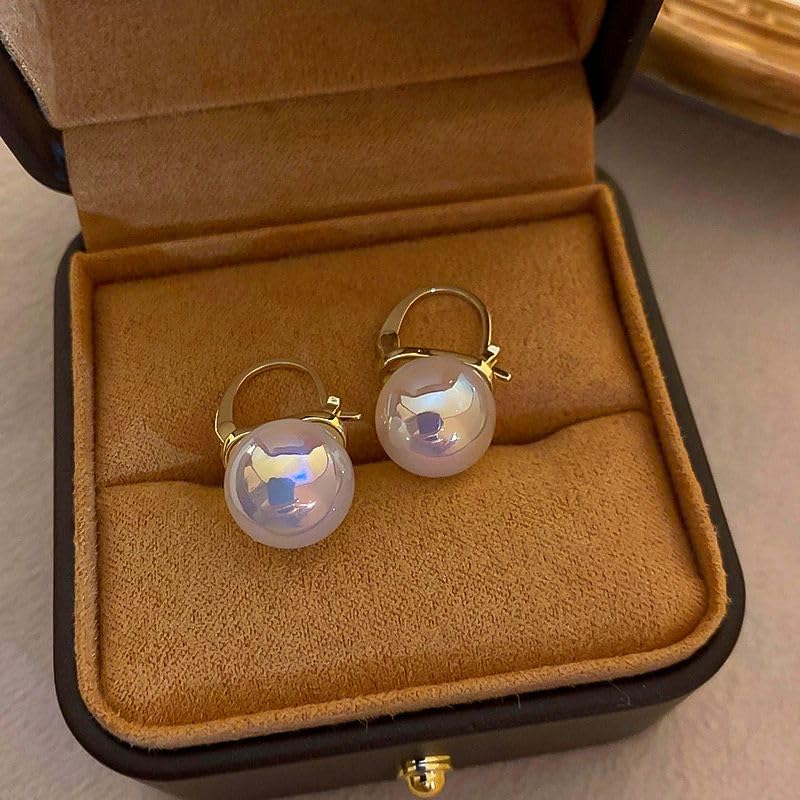 HUGE TOMATO 925 Sterling Silver Simulated Shell Pearl Earrings for Women Trendy, Big Pearl Drop Earrings Leverback Stud,18K Gold Plated Large Pearl Hoop Dangle Hypoallergenic Jewelry 14mm - color: Opal