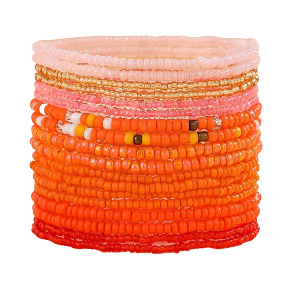 18-20PCS Colorful Bohemia Seed Beaded Bracelets Set Stackable Boho Stretch Bangle Bracelets Multilayer Boho Anket Concert Summer Beach Vaction Surf Jewelry Accessory - color: Orange-18pcs