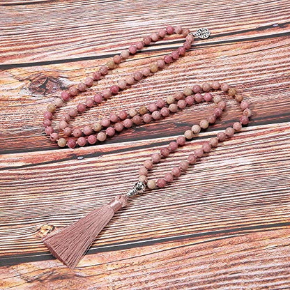 108 Mala Beads Necklace Semi-Precious Gem Stones Meditation Necklace 108 Hand Knotted Japa Mala Beaded Tassel Necklace with Tree of Life Pendant - color: Natural Rhodonite