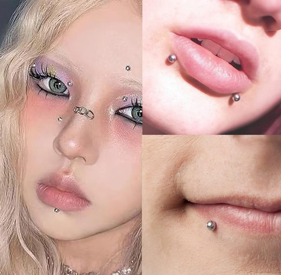 Fake Eyebrow Ring Fake Lip Labret Studs Replacement Balls Spike with 100pcs Sticker Non-Piercing Body Jewelry Fake Skin Piercing - color: F -Mix Color