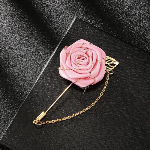 WCRAZYE Men Cloth Rose Flower with Gold Leaf Brooches Men's Satin Lapel Pins with Metal Chain Red Blue Rose Floral Lapel Stick Handmade Boutonniere Pins for Suit Wedding Brooch Career Suit Tuxedo of Shirts Tie Hat Scarf for Birthday Wedding Gift - color: