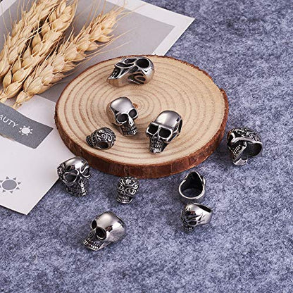 Elecrelive 10Pcs Skull Head Large Hole Beads Skeleton Skull Stainless Steel Spacer Beads 5 Styles Halloween Bracelet Charms for Gothic Bracelets Earrings Jewelry Making - color: Antique Silver-10pcs