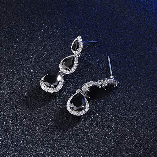 Women's Cubic Zirconia Bridal Earrings - Elegant Long Wedding Party Prom Earring for Bride Bridesmaids Crystal CZ Rhinestone Chandelier Statement Dangle Drop Earrings for Women - color: Black