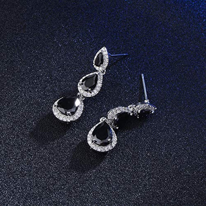 Women's Cubic Zirconia Bridal Earrings - Elegant Long Wedding Party Prom Earring for Bride Bridesmaids Crystal CZ Rhinestone Chandelier Statement Dangle Drop Earrings for Women - color: Black