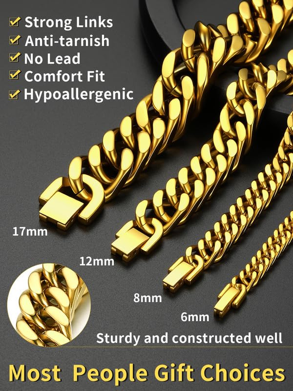 ChainsHouse Stainless Steel Cuban Link Bracelet, 6mm/8mm/12mm/17mm Width, 7.5"/8.3"/9", Black/ 18K Gold Plated Chain Wrist Bracelets for Men Women, Send Gift Box - color: N: Gold-12mm width