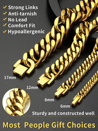 ChainsHouse Stainless Steel Cuban Link Bracelet, 6mm/8mm/12mm/17mm Width, 7.5"/8.3"/9", Black/ 18K Gold Plated Chain Wrist Bracelets for Men Women, Send Gift Box - color: O: Gold-17mm width