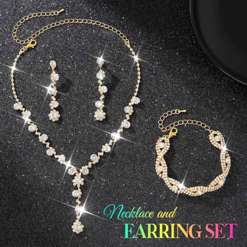 Silver Wedding Jewelry Sets Rhinestone Necklace Earrings Bracelet Set Prom Formal Costume Jewelry for Women and Brides - color: Gold