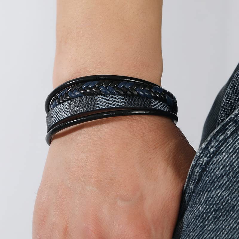 Multi-Layer Leather Bracelet for Men Women Handmade Woven Leather Wrap Bracelet Vintage Statement Bracelet With Clasp Birthday Jewelry Gift