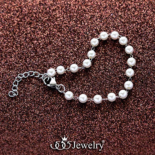 555Jewelry Extendable Pearls Beaded Charm Bracelet for Women & Ladies 7.5 Inch - color: Silver