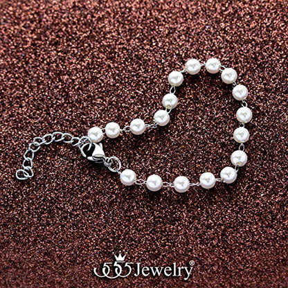 555Jewelry Extendable Pearls Beaded Charm Bracelet for Women & Ladies 7.5 Inch - color: Silver