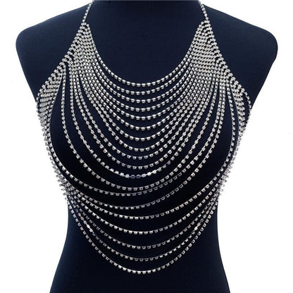 Multi-Layer Body Chain Necklace Rhinestone Chain Halter Top Body Jewelry Sexy Tassel Chest Chain Rave Nightclub Accessory - color: Silver