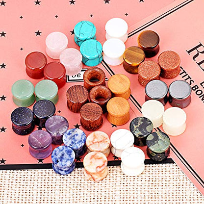 Longbeauty Wood Mixed Stone Plugs 18 Pairs/36 Pcs Double Flared Saddle Gauges Tunnels Expander Piercing Set - style: Gauge=14mm(9/16")