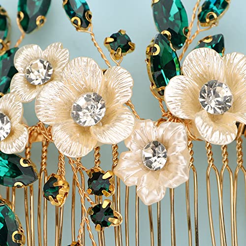 Bridal White Flower Green Crystal Rhinestone Hair Comb for Bride Bridesmaid Sliding side Headpieces Wedding Hair Accessories for Women and Girls (Green) - color: Green