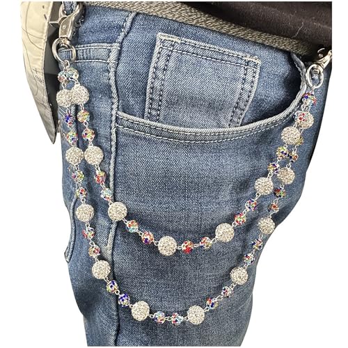 Ceramic Beads Wallet Pants Waist Chain Shiny Hip Hop Disco Ball Rhinestone Beads Purse Hipster Jeans Pocket Chains for Men Women Punk Accessories - color: Rainbow