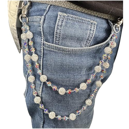 Ceramic Beads Wallet Pants Waist Chain Shiny Hip Hop Disco Ball Rhinestone Beads Purse Hipster Jeans Pocket Chains for Men Women Punk Accessories - color: Rainbow