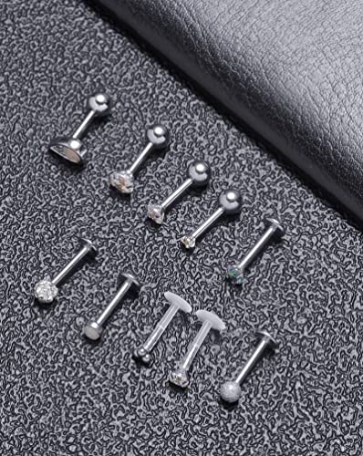 Tornito 9-30Pcs Cartilage CZ Stud Earrings Conch Forward Helix Tragus Daith Piercing Lip Rings Snake Heart Butterfly Jewelry for Women Men 16G Silver Gold Tone - color: A:Silver Tone