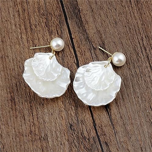 Seashell Pearl Stud Earrings for Women Ocean Sea Theme Sweet Double Layer Acrylic Shell Lightweight Dangle Drop Earrings for Summer Beach Holiday Halloween Party Jewelry Accessories - color: Pure white