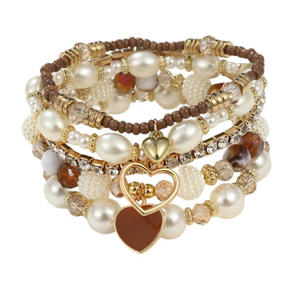 Pingyongchang Bohemian Stackable Beaded Bracelets Set for Women Multicolor Stretch Faux Pearl Heart Crystal Stretchy Bangles Multilayered Handmade Friendship Holiday Beach Jewelry Mother's Day Gifts - color: Brown