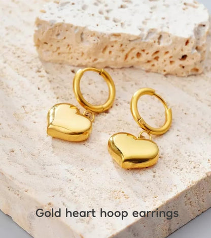 18K Gold Plated & Silver Chunky Heart & Bow Earrings for Women, Chunky Heart Dangle Hoops/Tiny Studs, Kawaii Dainty Hypoallergenic Jewelry for Multiple Piercings, Gift for Her - style: Chunky Heart Dangle