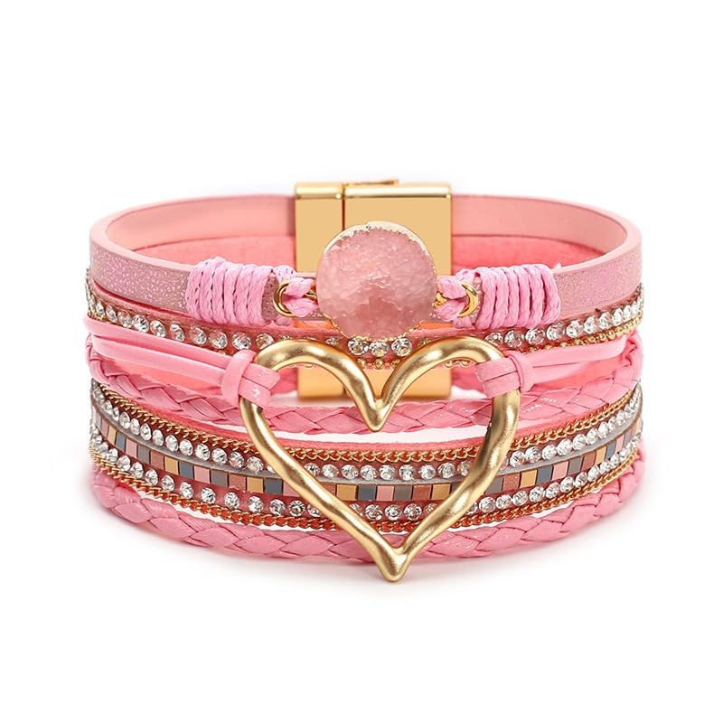 Multilayer Faux Leather Wrap Bracelet with Open Heart Charm Bohemian Stackable Crystal Clasp Bracelet for Women Birthday Gift - color: Pink