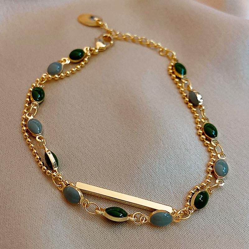 Green Blue Oval Stone Inlay Bar Accent Double Chain Link Bracelet For Women Dainty Minimalist Fashion Adjustable Layering Gold Color Chic