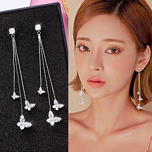 Temperament Crystal Butterfly Drop Dangle Earrings for Women Long Tassel Butterfly Stud Earrings - color: Silver