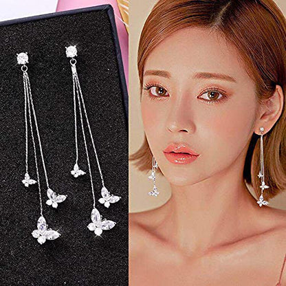 Temperament Crystal Butterfly Drop Dangle Earrings for Women Long Tassel Butterfly Stud Earrings - color: Silver