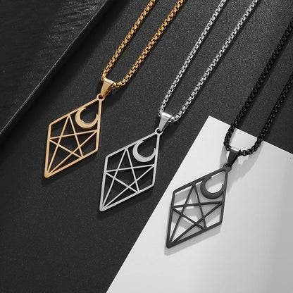 Stainless Steel Inverted Five-Pointed Star and Moon Pendant Necklace Men Women Gothic Pagan Satanic Magic Jewelry - color: silvery
