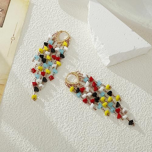 Fringe Hoop Dangle Earrings, Long Beads Tassel Chain Earrings for Women Sparkly Chandelier Earrings - color: Coloful
