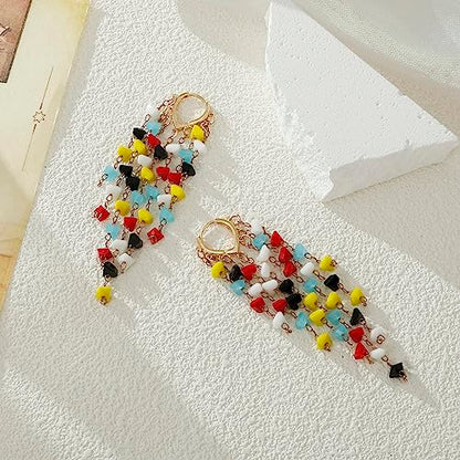 Fringe Hoop Dangle Earrings, Long Beads Tassel Chain Earrings for Women Sparkly Chandelier Earrings - color: Coloful