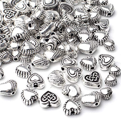 Aylifu 140pcs Antique Silver Heart Shape Spacers Alloy European Style Heart Beads Charms Spacer Bead Jewelry Heart Charms for DIY Bracelet Jewelry Making, 5 Sizes