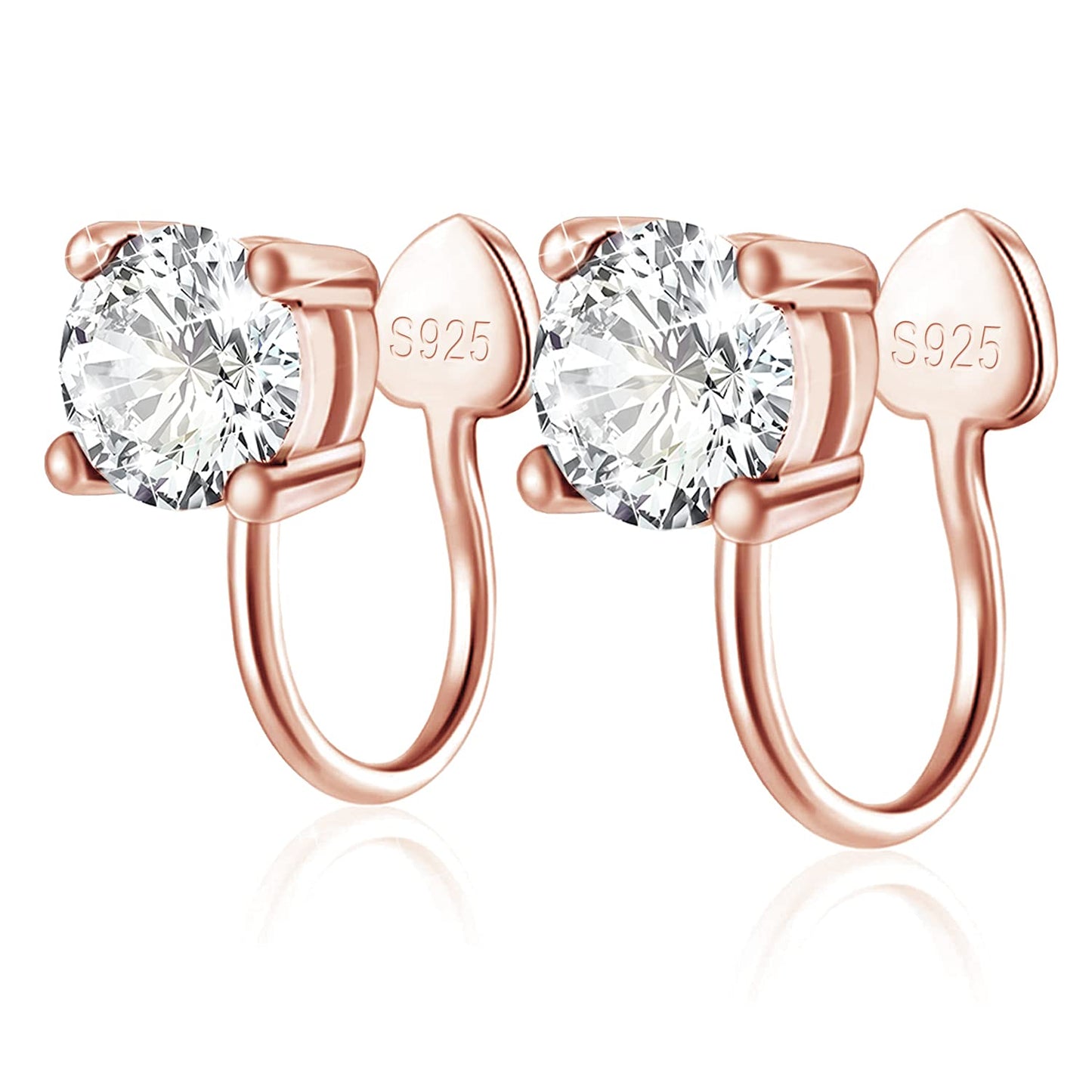 Cubic Zirconia Ear Cuffs - Sterling Silver Hypoallergenic Non-Piercing Cartilage Earrings CZ Clip on Earrings Round Crystal Stud Earrings for Women Girls 6mm - color: Rose Gold