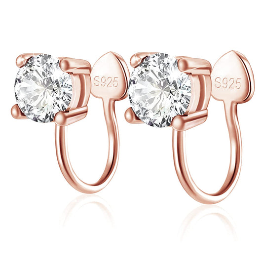 Cubic Zirconia Ear Cuffs - Sterling Silver Hypoallergenic Non-Piercing Cartilage Earrings CZ Clip on Earrings Round Crystal Stud Earrings for Women Girls 6mm - color: Rose Gold